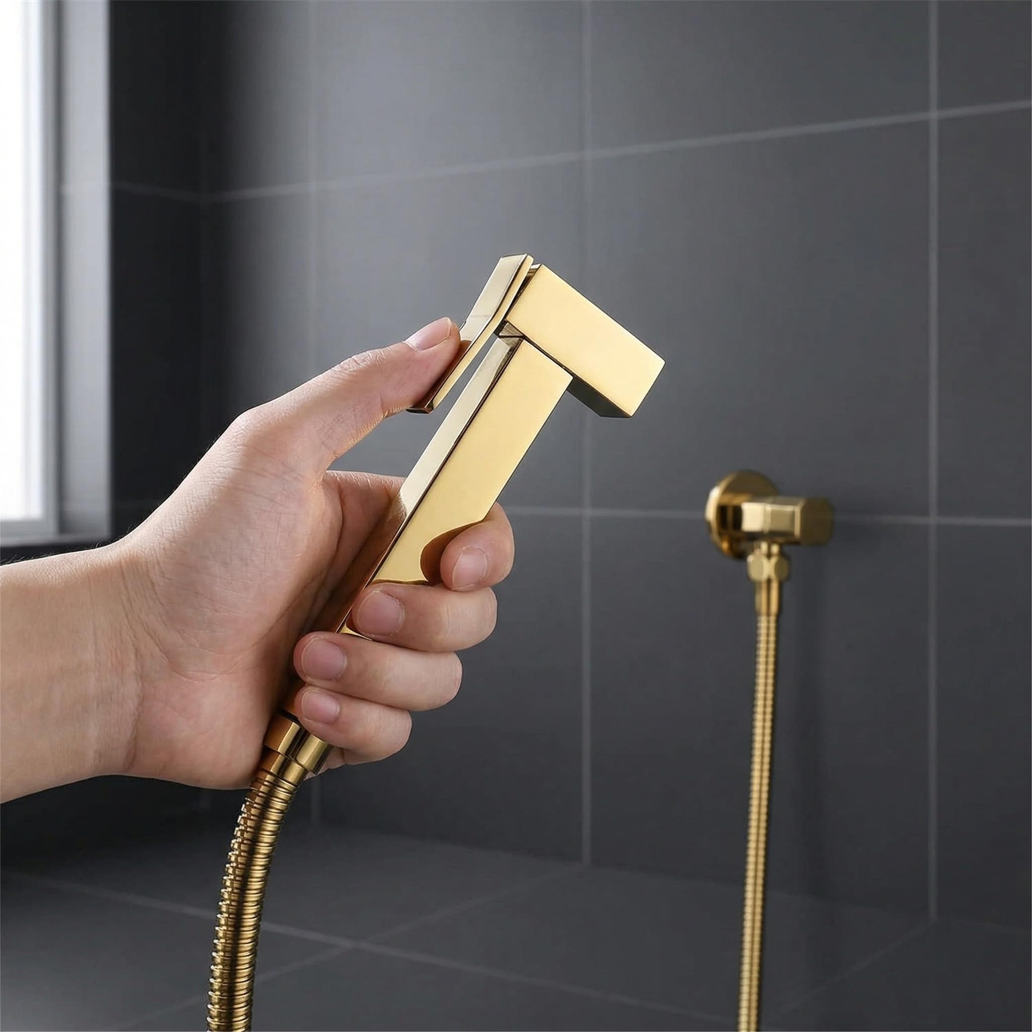 Doccetta Bidet Dorata per WC - Bidet Portatile in Ottone per Igiene Personale, Pulizia del WC, Cura del Pannolino del Bambino - Set Completo di Rubinetto Bidet con Tubo Flessibile B