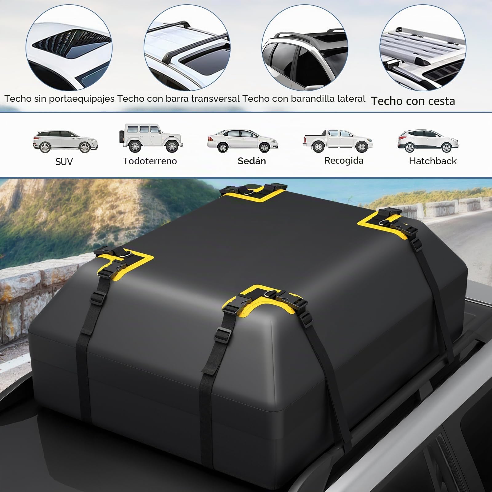GOPLUS Cofre de techo para coche de 400 L, impermeable, para coche con/sin portaequipajes, con alfombrilla antideslizante y 6 ganchos para puerta, caja de almacenamiento para viajes y transporte de