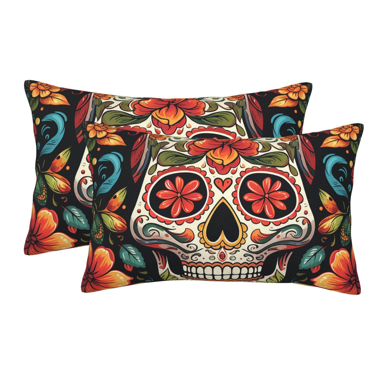 2 Pack Standard Size Pillow Cases for Hair and Skin Soft Breathable Pillow Case Covers with Hidden Zipper Colorful Sugar Skull Pillowcase 14"x20" Pillow Cover for Sleeping Gift