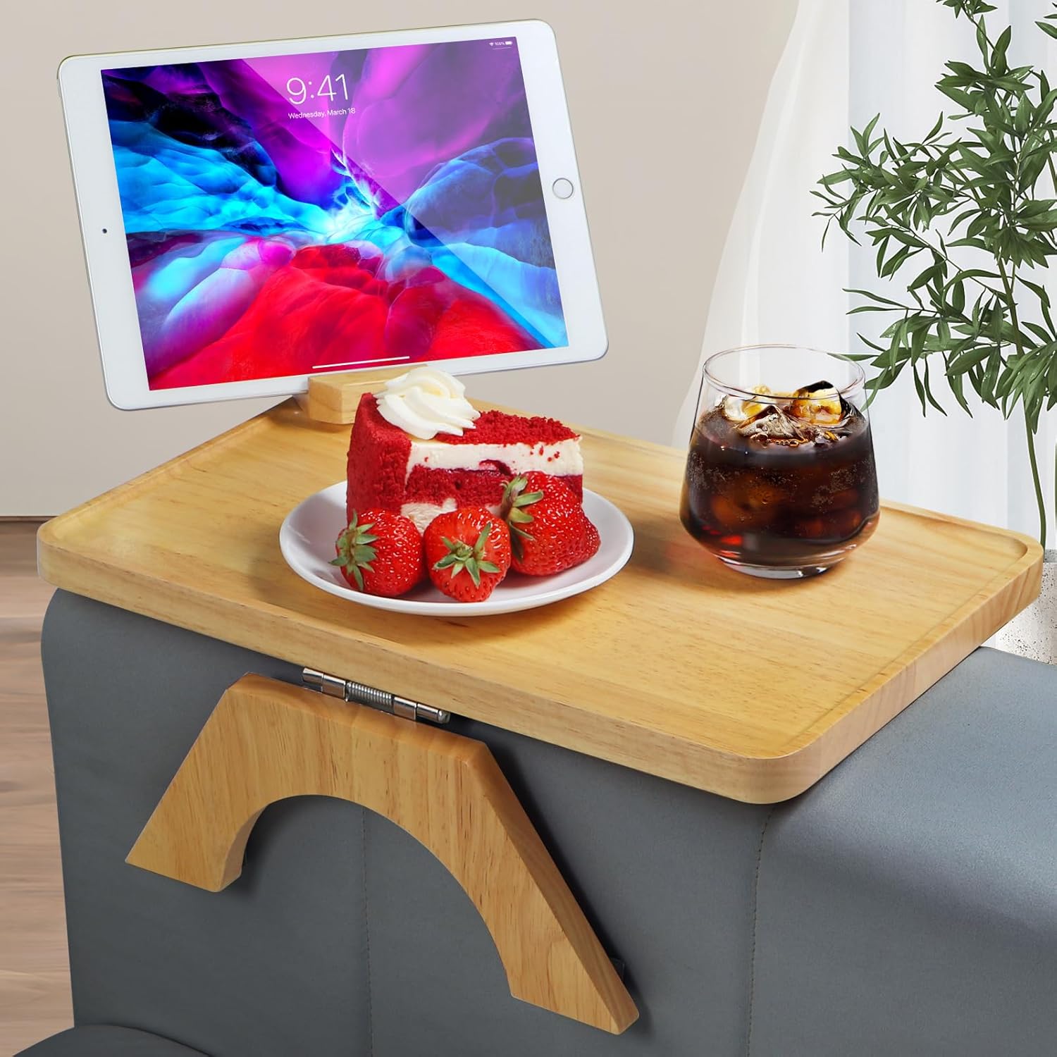 Upgrade 15x9.9 Couch Arm Table Tray for Sofa, Center Console Armrest Clip Table for Car, Wooden, Foldable, Large Space for Eat/Drink/Snack/Remote Control, with 360° Rotating Phone Holder on Left/Right