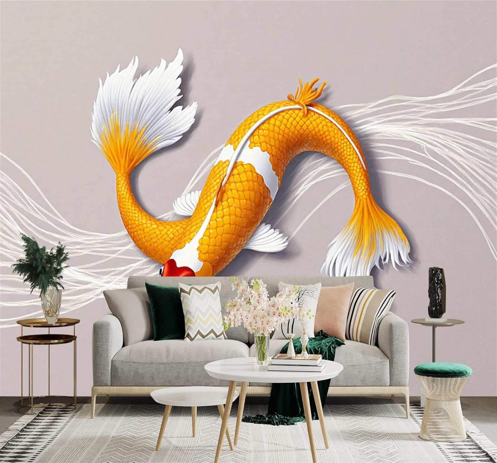 Xlming 150Cm×105Cm(B×H) Minimalist Three Dimensional Golden Koi Fish Elegant Ripples 3D Wallpaper Silky Texture Home Study Office Grey Dining Room Sofa Bedroom Living Room Tv Backdrop-150Cm×105Cm