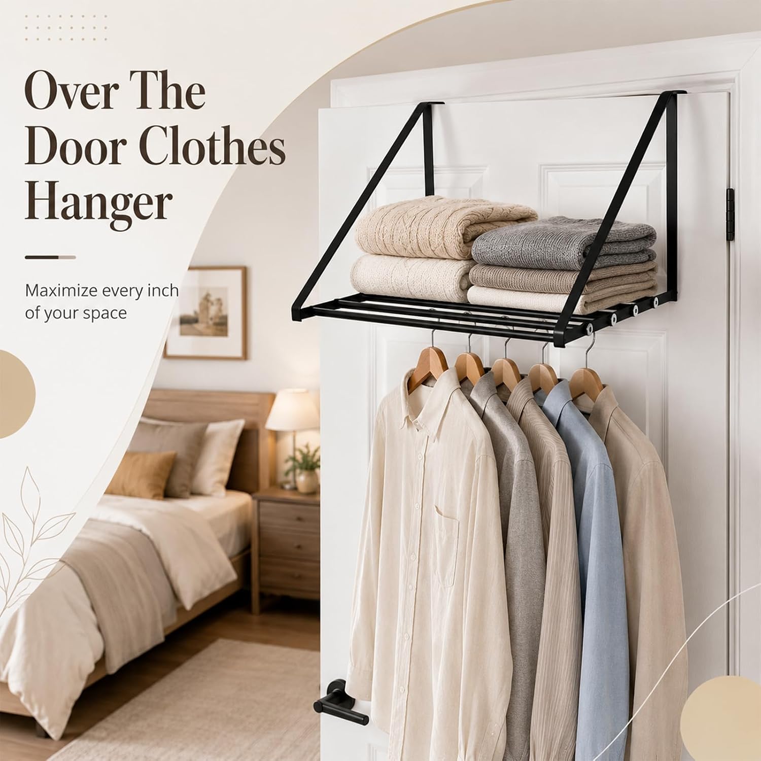 Black Over the Door Clothes Hanger, Metal Coat and Towel Rack | No drilling | Door top hanging | Top shelf and lower rod | Matte black metal | For coats, towels and laundry