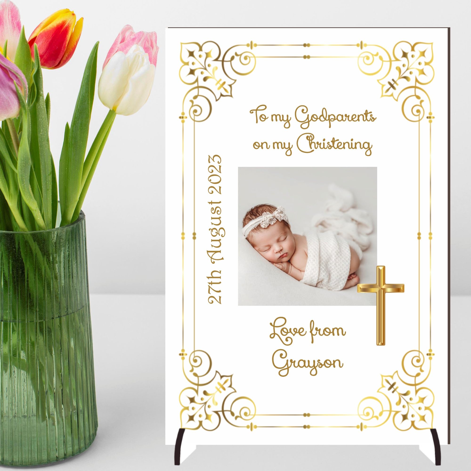 Personalised 'To My Godparents' Christening Photo Plaque | Unique Keepsake Gift | A4 or A5 Size | Customisable with Special Message | Size 297mm x 210mm or 210mm x 148mm (Mdf Wood 21cm x 15cm, Gold)