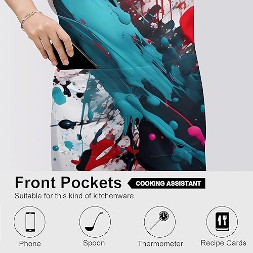 Miniatura 5 de MUSM Apron for Adults - 27.6 X 31.5 Inch, Heavy-Duty Polyester Aprons with Two Large Pockets, Waterproof Abstract Paint Splashes Kitchen Apron for