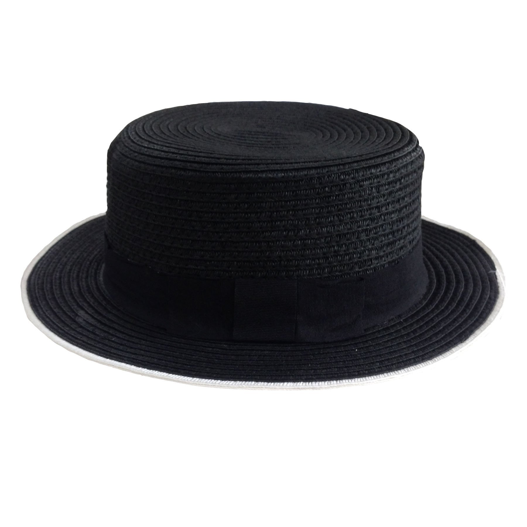 ACVIP Women's Summer Straw Boater Hat Flat Top Sun Hats (Black with White Trim)