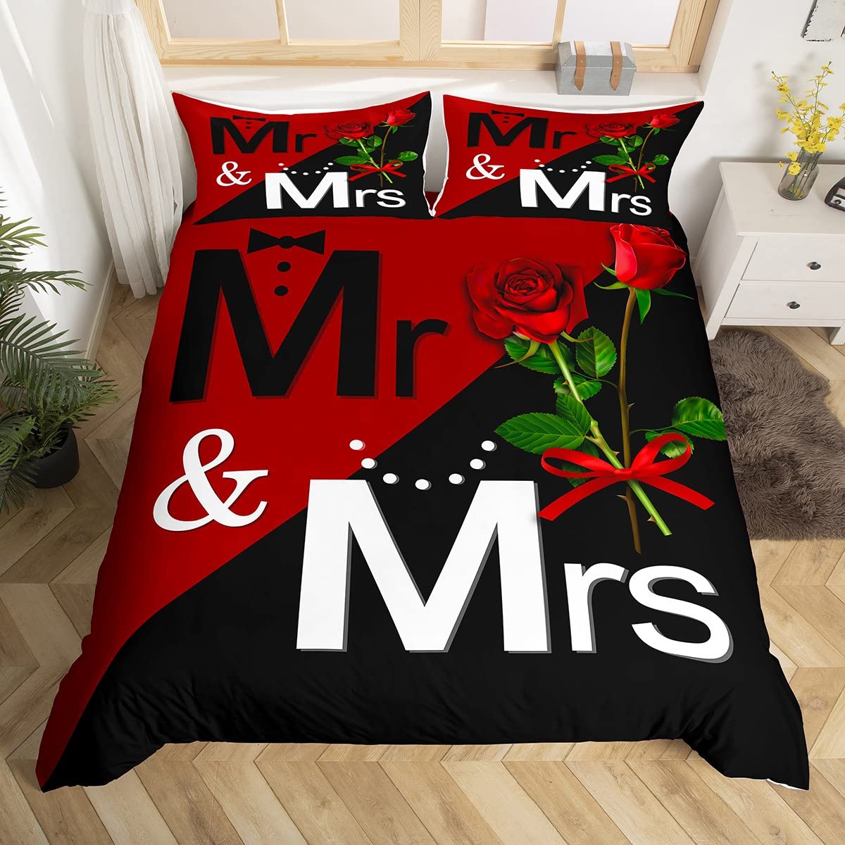 Manfei Mr Mrs Duvet Cover Set King Size, Love Man Women Romance Bedding Set 3pcs for Lover Couple Valentine Day, Red Rose Flower Print Comforter Cover Black Red Quilt Cover with 2 Pillowcases