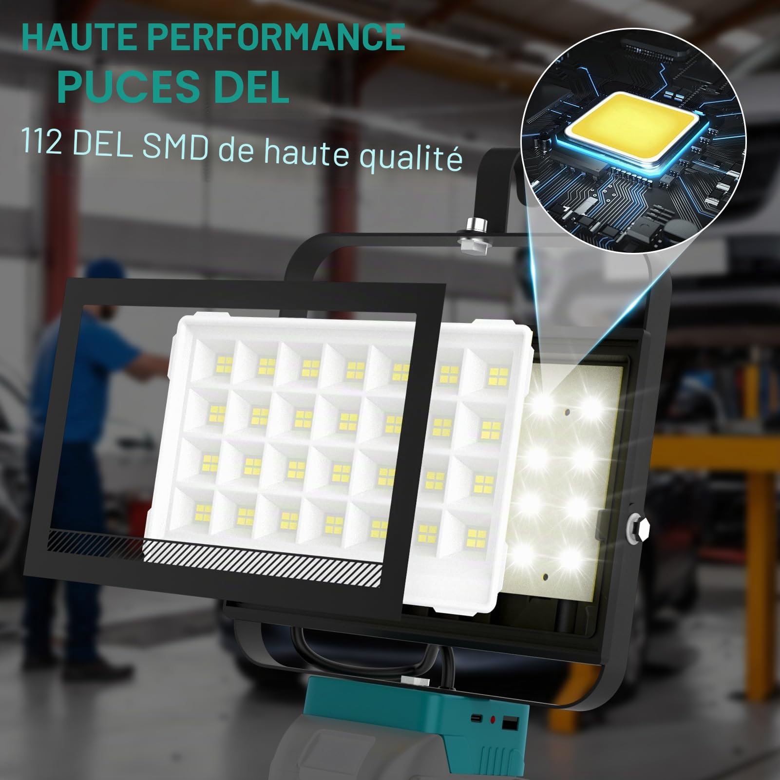 NATPOW Projecteur LED Compatible avec Makita 18V, 100W 6500LM Lampe de Chantier, 2 Modes 6000K Phare avec Type C et USB pour Chantier, Garage, Camping, Pêche, Sans Batterie