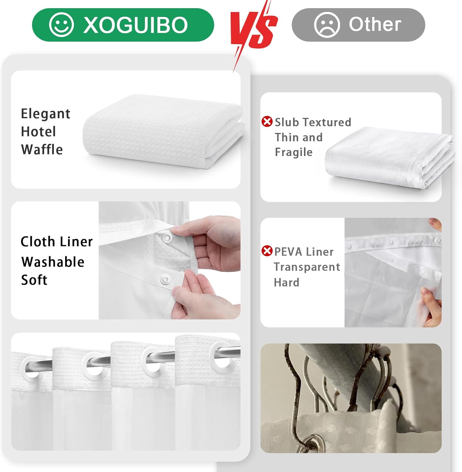 No Hook Shower Curtain and Liner Set,Shower Curtain with Liner White Hotel Waffle 75" L x 72" W