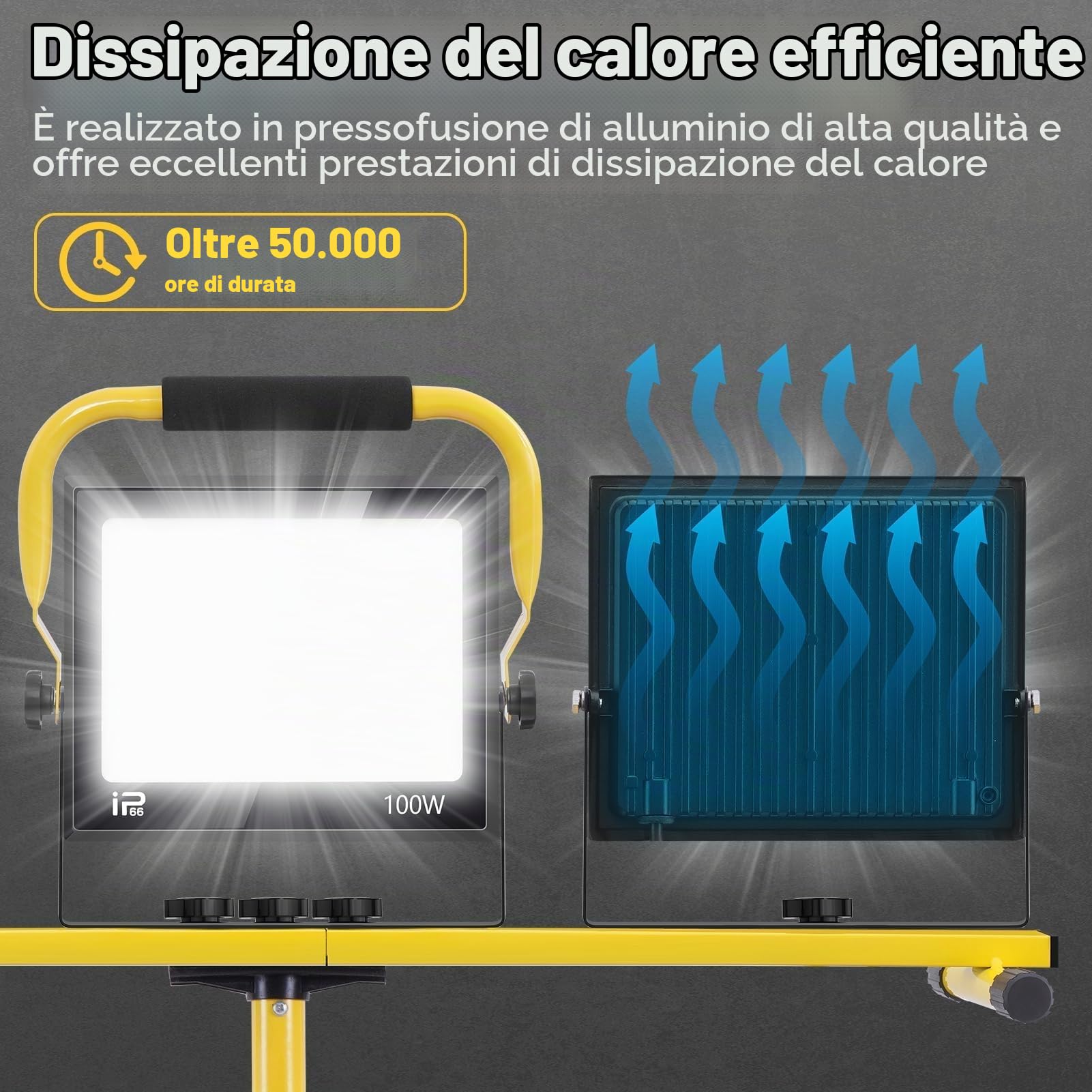 Viugreum Faretto da Cantiere Portatile con Treppiede Telescopico 300W, 24000LM Faro LED, Luce Bianca 6500K, Rotazione 360°, IP66 Impermeabile