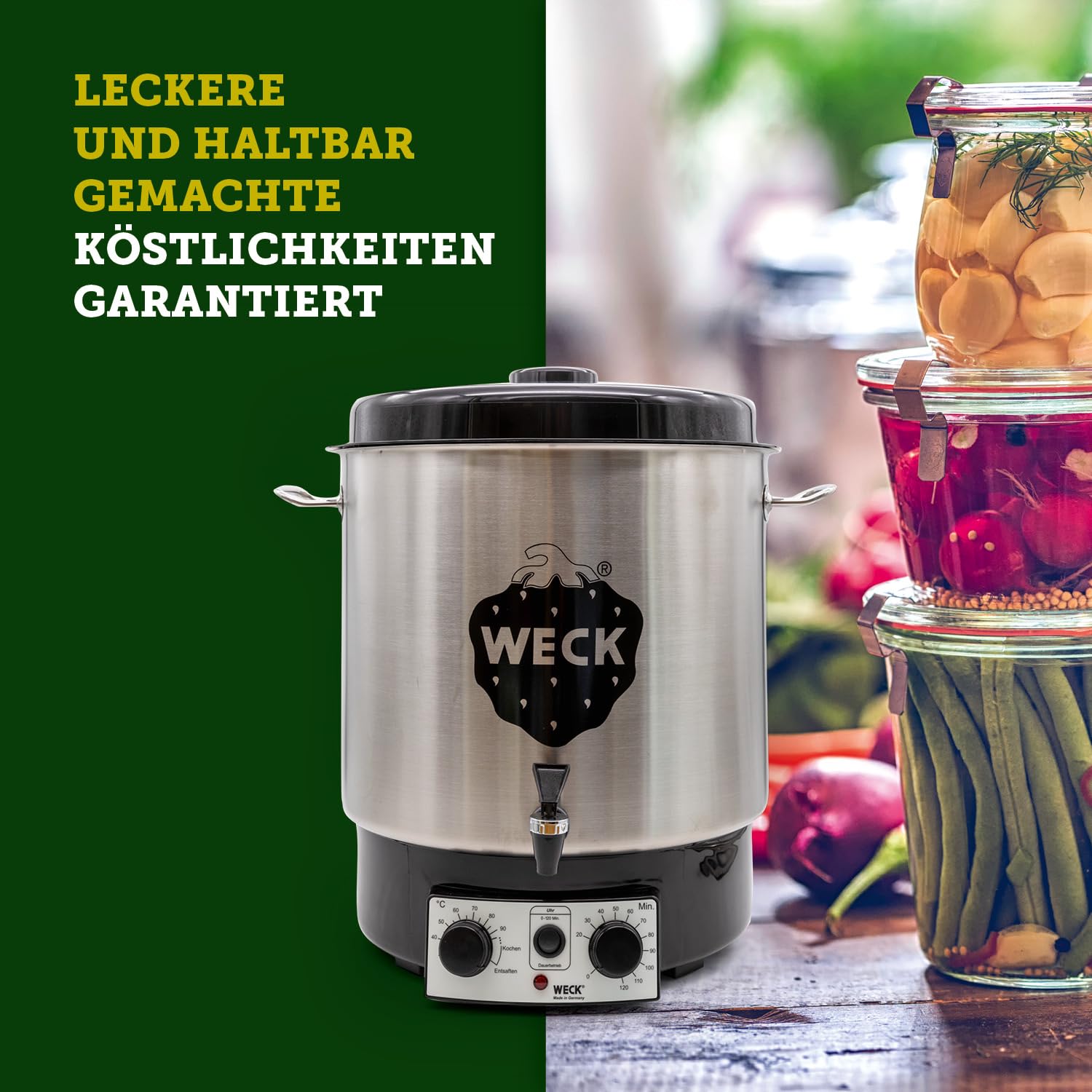WECK Einkochautomat WAT25-A Edelstahl mit Präzisionsthermostat, Auslaufhahn & Zeitschaltuhr – 30L Einkochtopf, Glühweinkocher, Dampfentsafter, Einweckautomat – Made in Germany, hochwertig & vielseitig