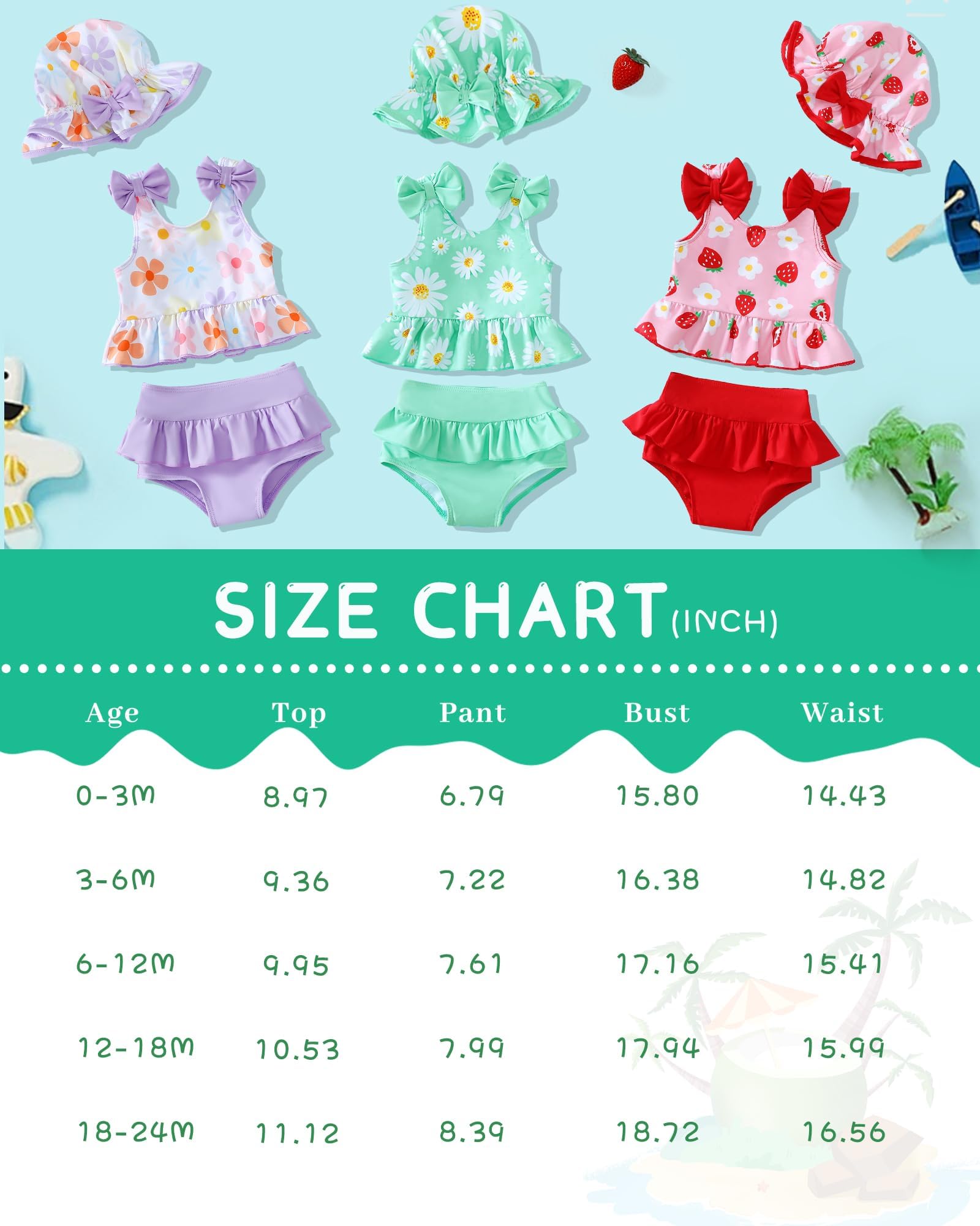Mioglrie Traje de baño para bebé, traje de baño para niña, traje de baño para verano, playa, bikini, tankini, sombrero, 3-24 meses, 2t-5t