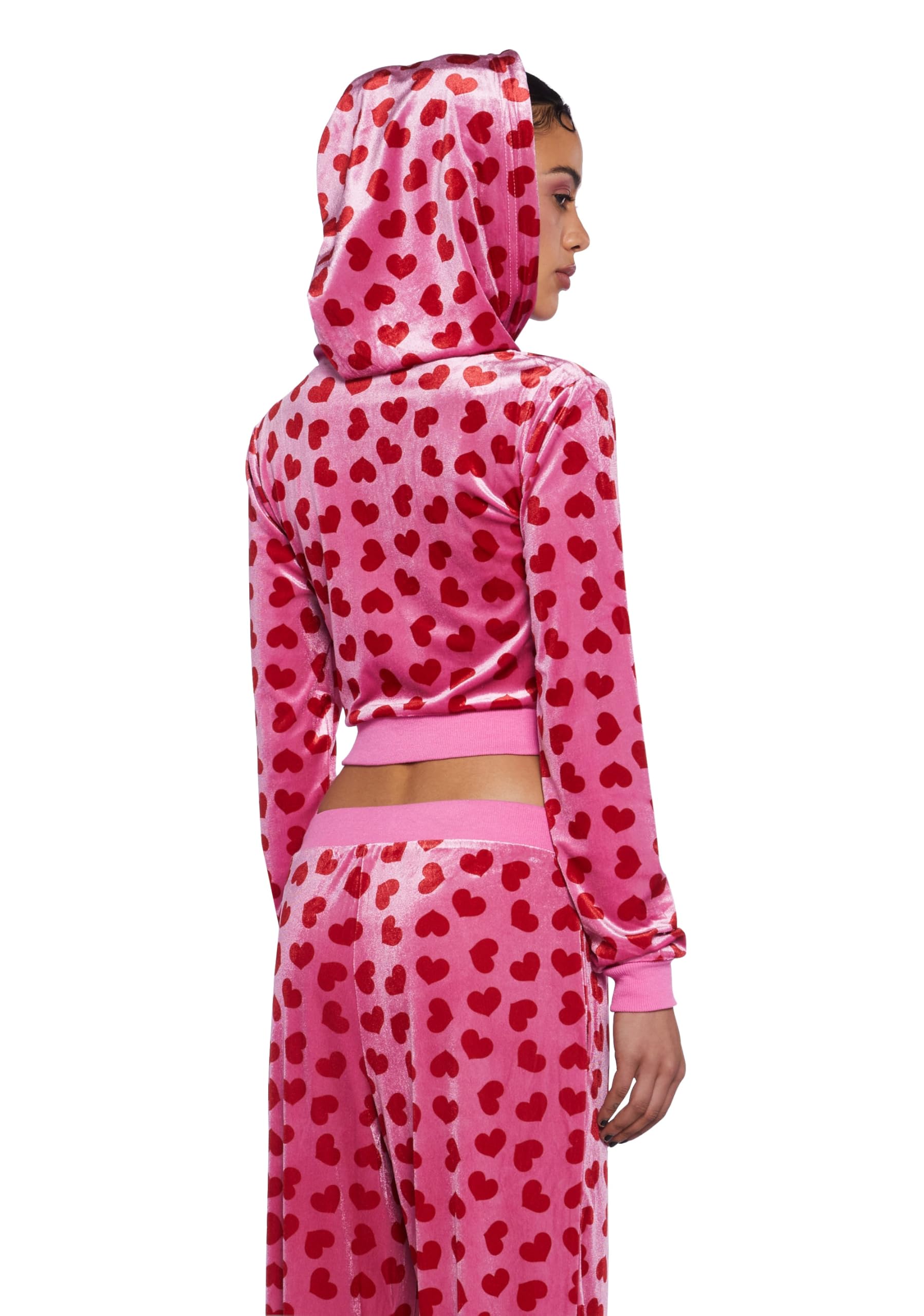 Dolls Kill Loyal Maneater Velour Track Jacket by Sugar Thrillz – Cropped Heart Print Zip-Up Jacket: Pink Small
