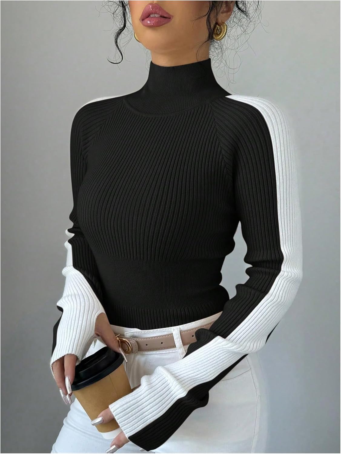 Verdusa Women's Striped Sweater Ribbed Knit Color Block Sweater High Neck Long Sleeve Fitted Pullovers - Image 4