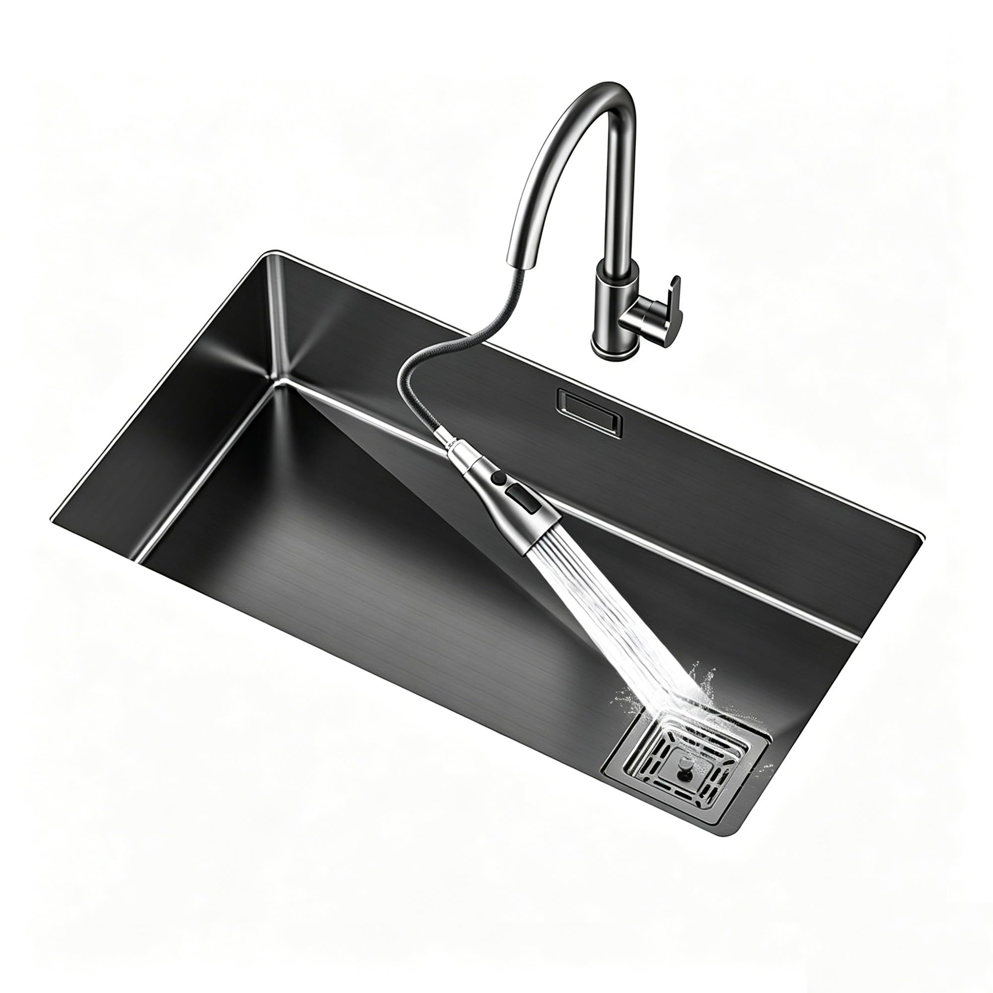 SC Stainless Steel Kitchen Sink with Hot and Cold Water Controls, Featuring A Pull-Out Faucet and Retractable Drain Basket(75cm)
