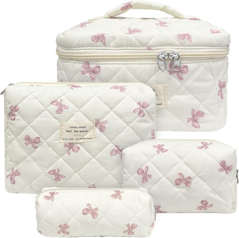 Cozomga Conjunto de Necessaires de Algodão Matelassado com Estampa Floral e Laço, 3 Peças
