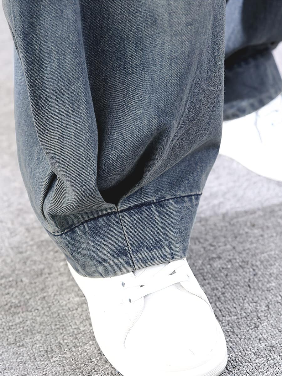 ebossy Women's Denim Harem Pants Elastic Waist Pleated Wide Leg Baggy Jeans - Image 5