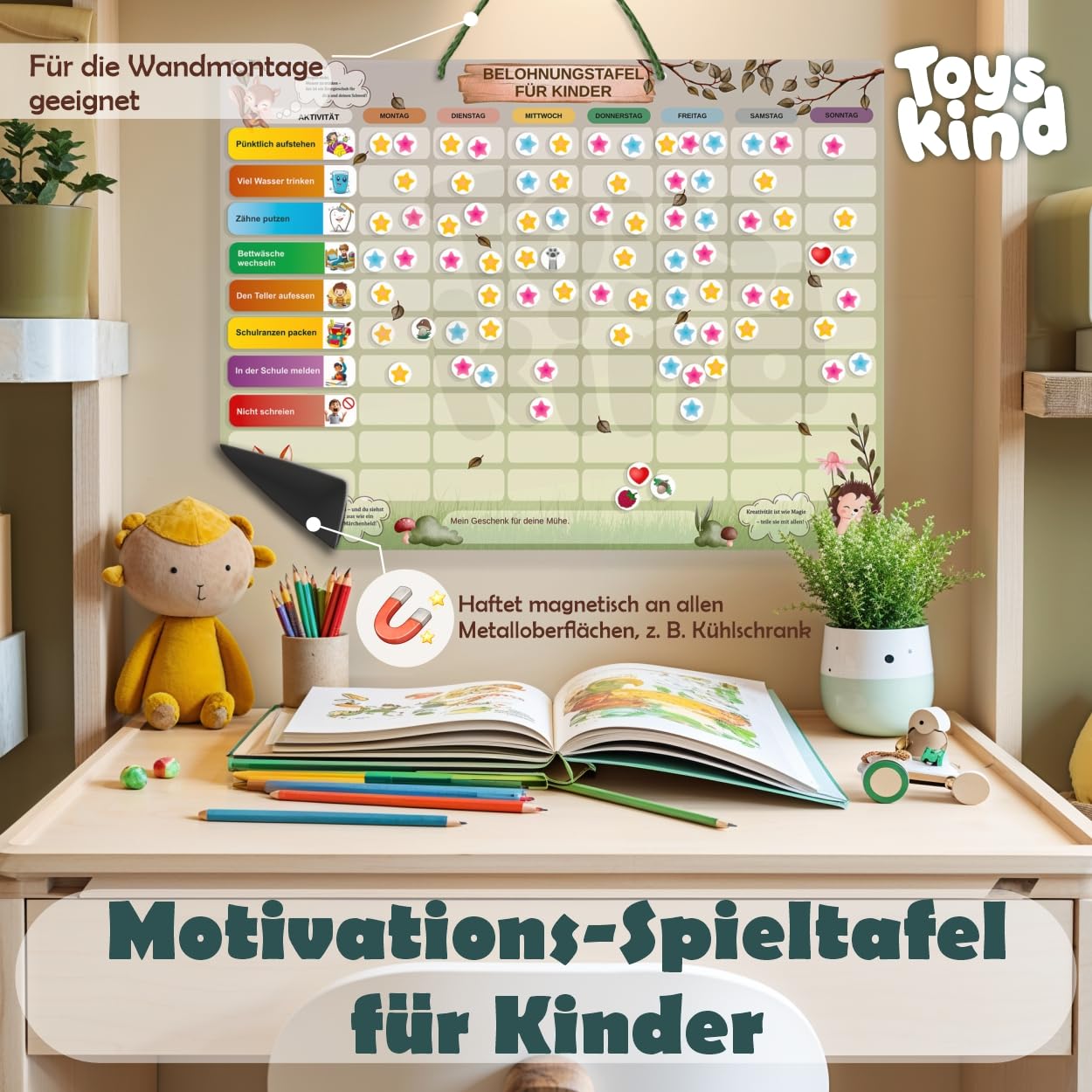 Belohnungstafel Kinder XXL-Set mit 3 Stiften & Tasche [100 Aufgaben + 355 Magnete] Belohnungssystem für Verantwortung - ADHS Hilfsmittel - Family Plan, Montessori Magnettafel, Wochenplaner