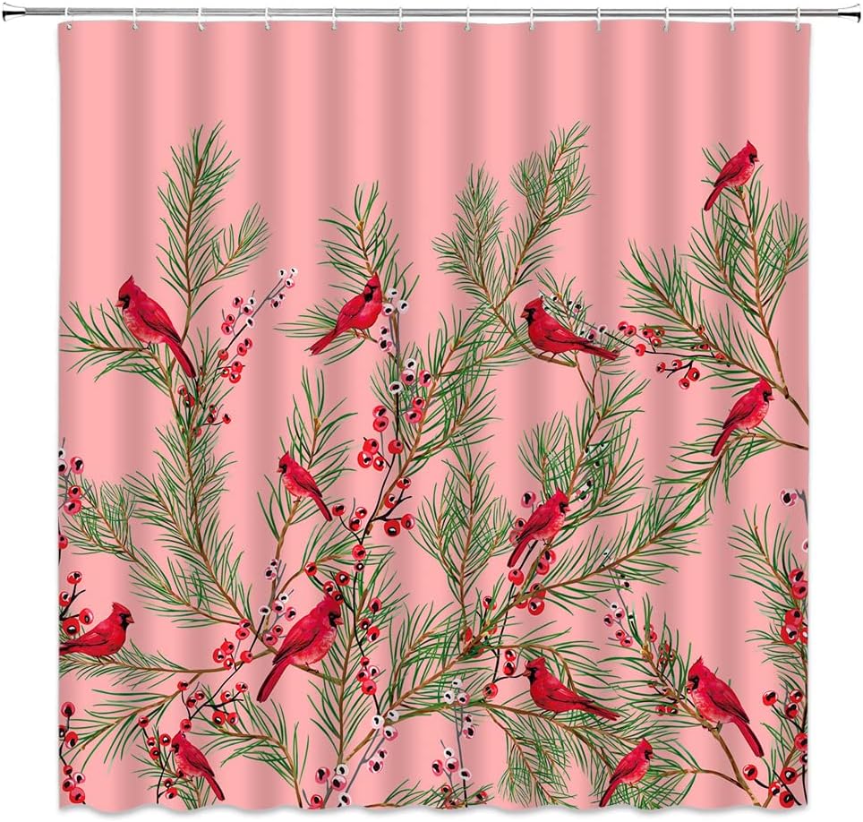 Winter Red Bird Shower Curtain Rustic Snowy Day Pine Tree Branch Xmas Bird Snowflake Berry Christmas Dreamy Holiday 180" Wx70 H Bathroom Decor Curtain with Hooks