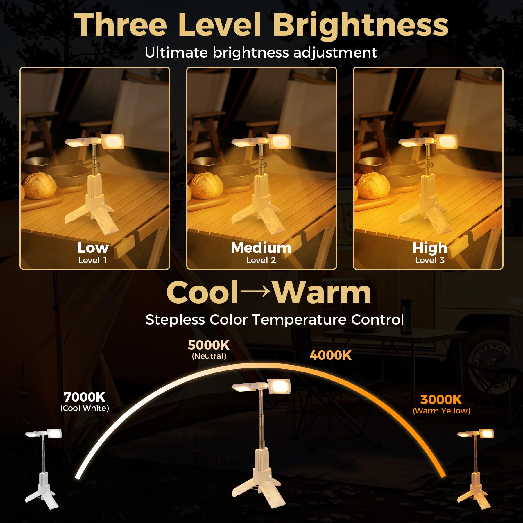 Lampada da campeggio telescopica ricaricabile con illuminazione calda continua, lanterna da campeggio ambientale portatile con dimmerabile e emergenza SOS per campeggio tenda camper e cortile