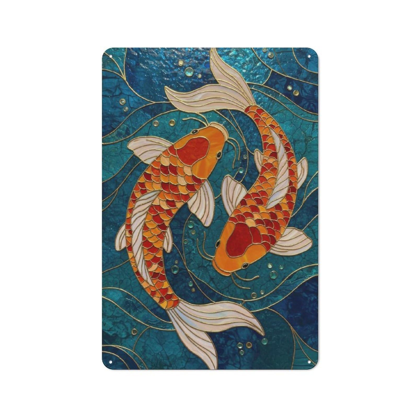 Junmoney Style-17 Country Style Kitchen Metal Sign 30X20cm Featuring Two Koi Fish Stained Glass, Diner Style Decor For Kitchen, Cafe, Pantry Or Dining Room