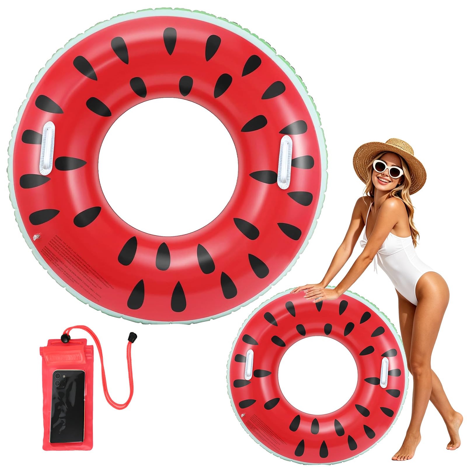 Swimming Rings, Inflatable Rubber Rings for Adults, Fruit Inflatable Pool Ring, Swim Ring with Handle, Pool Float with Waterproof Phone Pouch for Summer Beach Pool Party (Red, 80 cm)