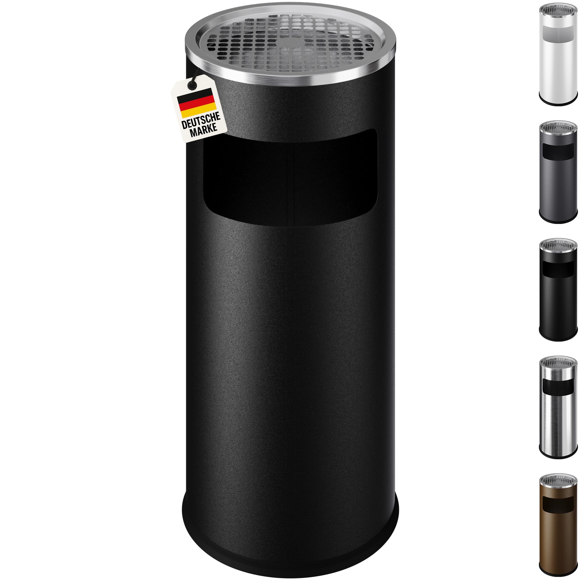 WELLGRO 2 in 1 Standaschenbecher Edelstahl für draußen – Wetterfester Standascher schwarz mit Mülleimer & Abfalleimer, großer Aschenbecher für Außenbereich, Terrasse, Eingang & Gewerbe