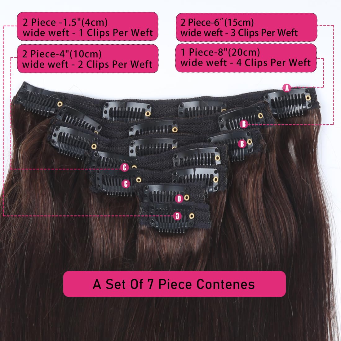 Clip in Hair Extensions Real Human Hair Straight Human Hair Extensions for Women 20 Inch Double Weft 7Pcs Clip ins Brazilian Virgin Human Hair Pieces 120g 16 Clips Dark Brown - Image 2