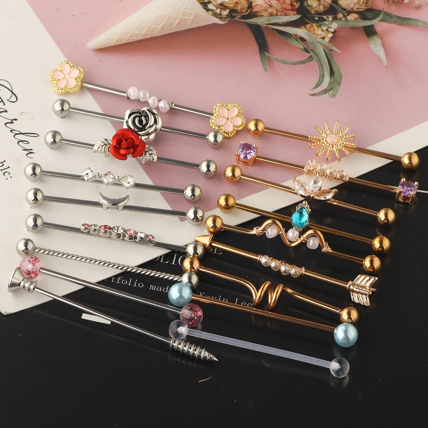 TIANCI FBYJS 18pcs 14G Surgical Steel Rose Gold Industrial Piercings Barbell for Women Men Cartilage Industrial Earring Conch Industrial Bar Jewelry 1 1/2 Inch 38mm