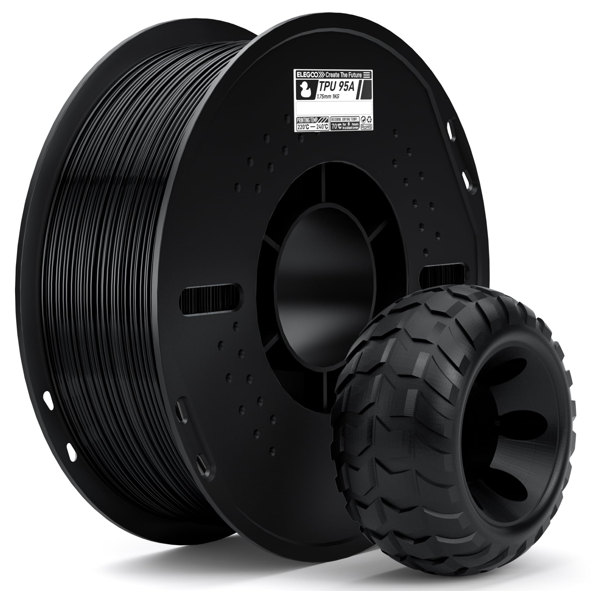 ELEGOO TPU Filament 1.75 mm Black 1KG, 95A Flexible Soft 3D Printing Filament Dimensional Accuracy, for Most FDM Printers