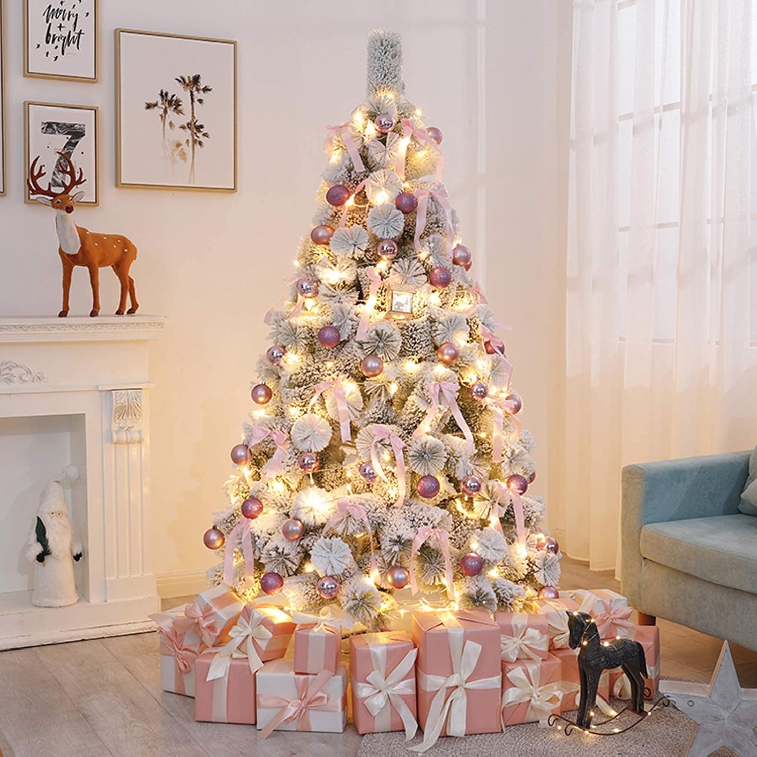 Trees, Velvet Snow Covered Artificial 5Ft Encryption Home Pine Needles Snowflakes Christmas Tree Metal Stand Easy Assembly Without Decorations (5