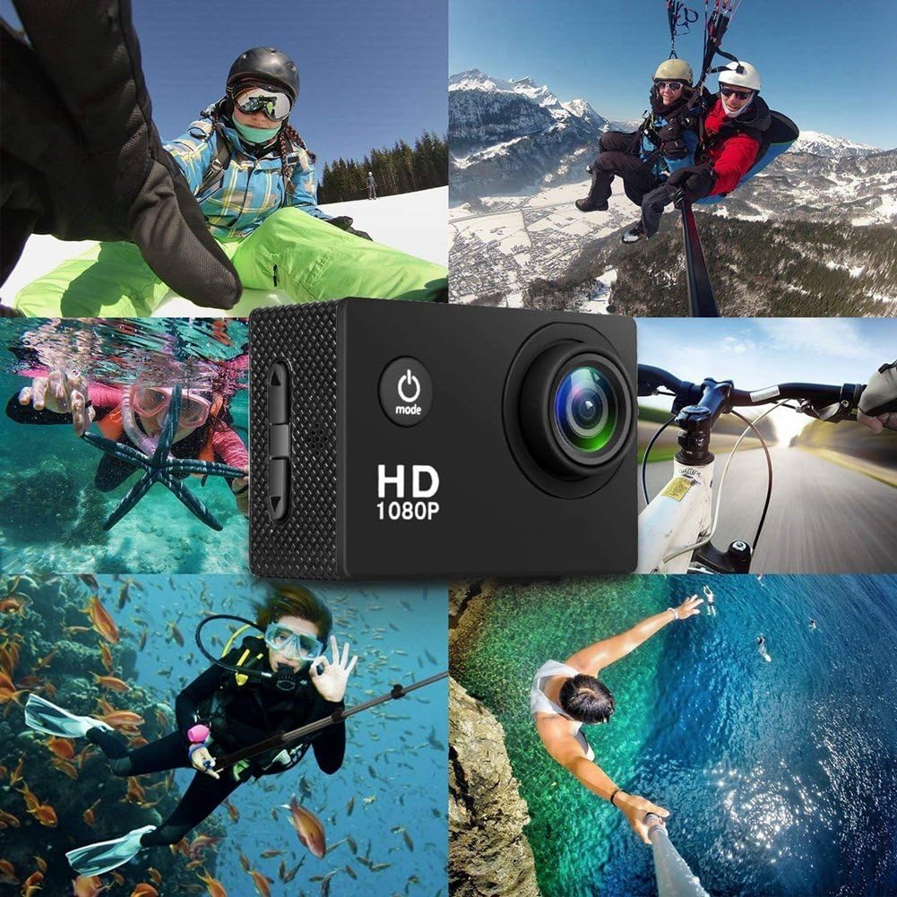 1080P HD Action Camera Schermo LCD Impermeabile 30m Sport Action Cam per Bicicletta, Moto, Sci, Immersioni Giallo