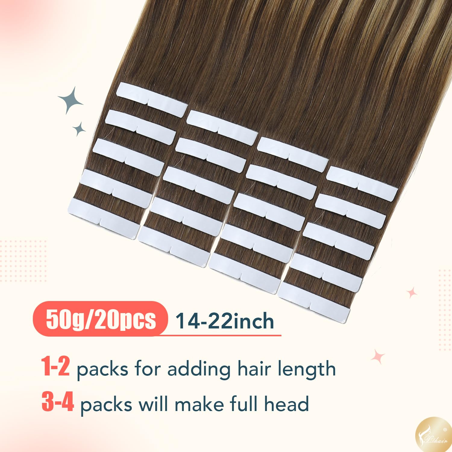 XDhair Extension Cheveux Naturel Adhesive,20pcs/50g Brun Chocolat à Blond Miel Extension Cheveux Naturel Adhésif Colored Remy Tape in Hair Extensions(#4/27/4-16)