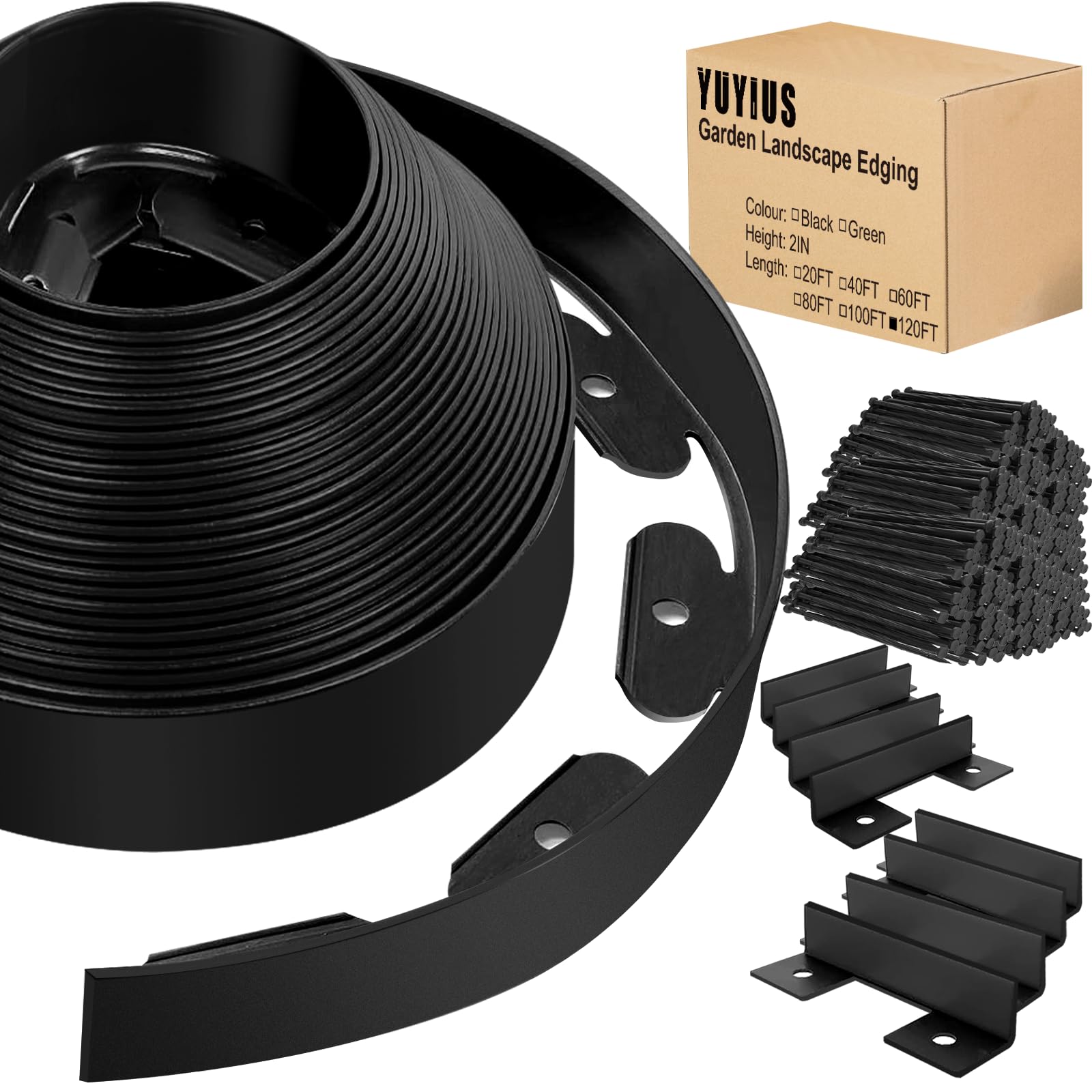 YUYIUS Landscape Edging - Garden Edging Border 120FT 2IN Tall with 180 Stakes, No Dig Lawn Edging for Landscaping for Garden Bed, Yard, 0.15" Thick Flower Bed Border Edging with Connector for Outdoor