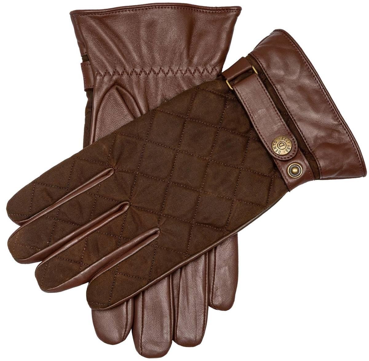 Dents Mens Bruton Waxed Cotton Quilted Touchscreen Leather Gloves - Chestnut Brown - Medium