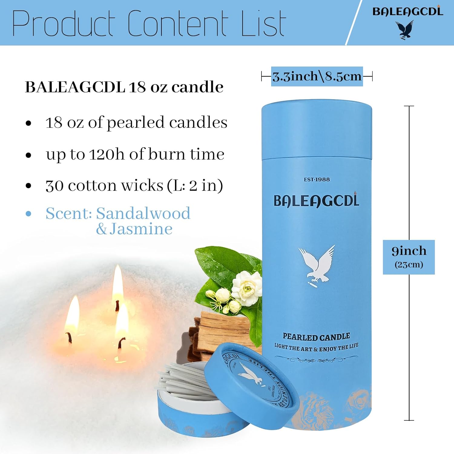 Moksha Garden Pearled Candle 18 Oz with 30 Wicks - Sandalwood & Jasmine Scented Sand Candles White Refillable Wax Lasts Up to 120 Hours Smooth and Clean Burning for Candle Making DIY