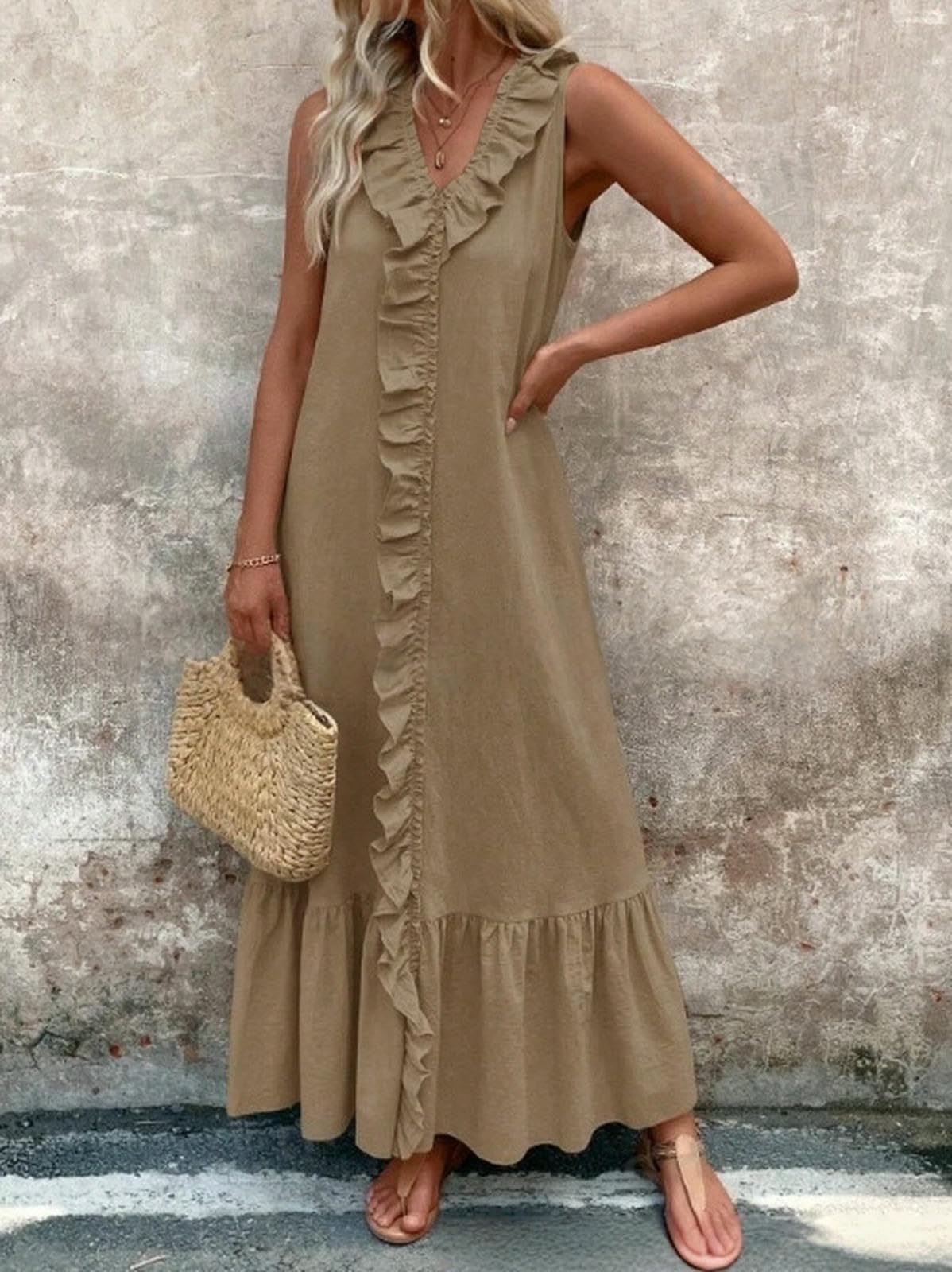 Vestito Maxi Abito Svasato con Scollo A V in Cotone E Lino Primavera Estate — Disponibile-Mare Blu-XL