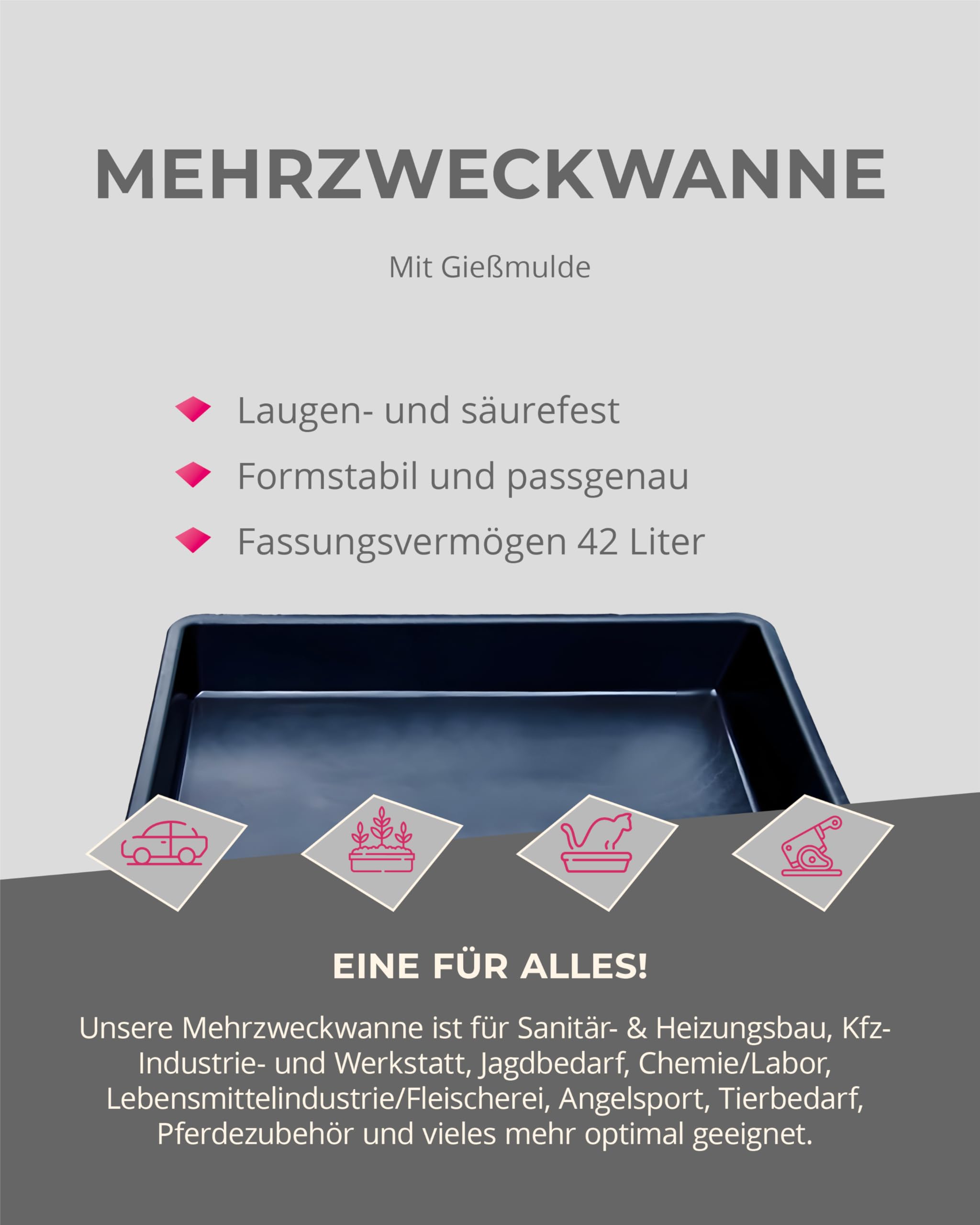 E&G Kunststofftechnik GmbH&Co.KG Kunststoffwanne 88 x 60 cm aus PP - Öl-Auffangwanne, Säuren- und laugenfeste Industriewanne, Plastikwanne, Umtopfwanne mit 42 Liter Volumen