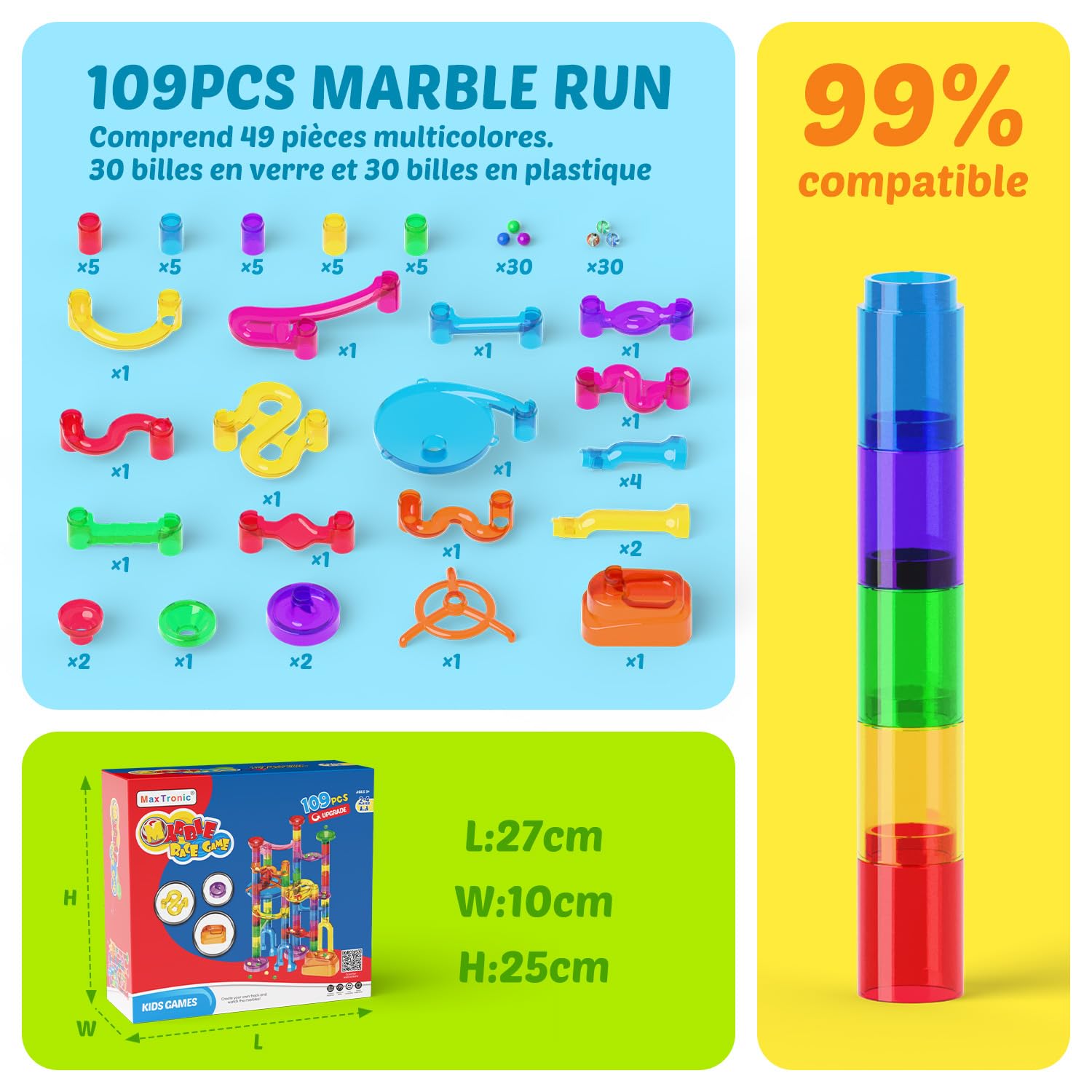 109 Pièces Transparente Tricky Bille Jeux de Construction Circuit Billes Jeu Educatif Marble Rush STEM Labyrinthe Jeux Enfant Convient aux Garçons et aux Filles de 3-12 Ans Cadeau