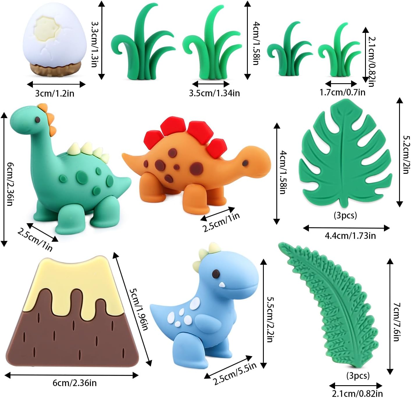 15PCS Cartoon Dinosaur Cake Toppers Jungle Cake Decorations | Cute Dino, Eggs, Leaves, Grass and Volcano Figures for Kids Birthday, Baby Shower and Dinosaur Animal Theme Party Supplies