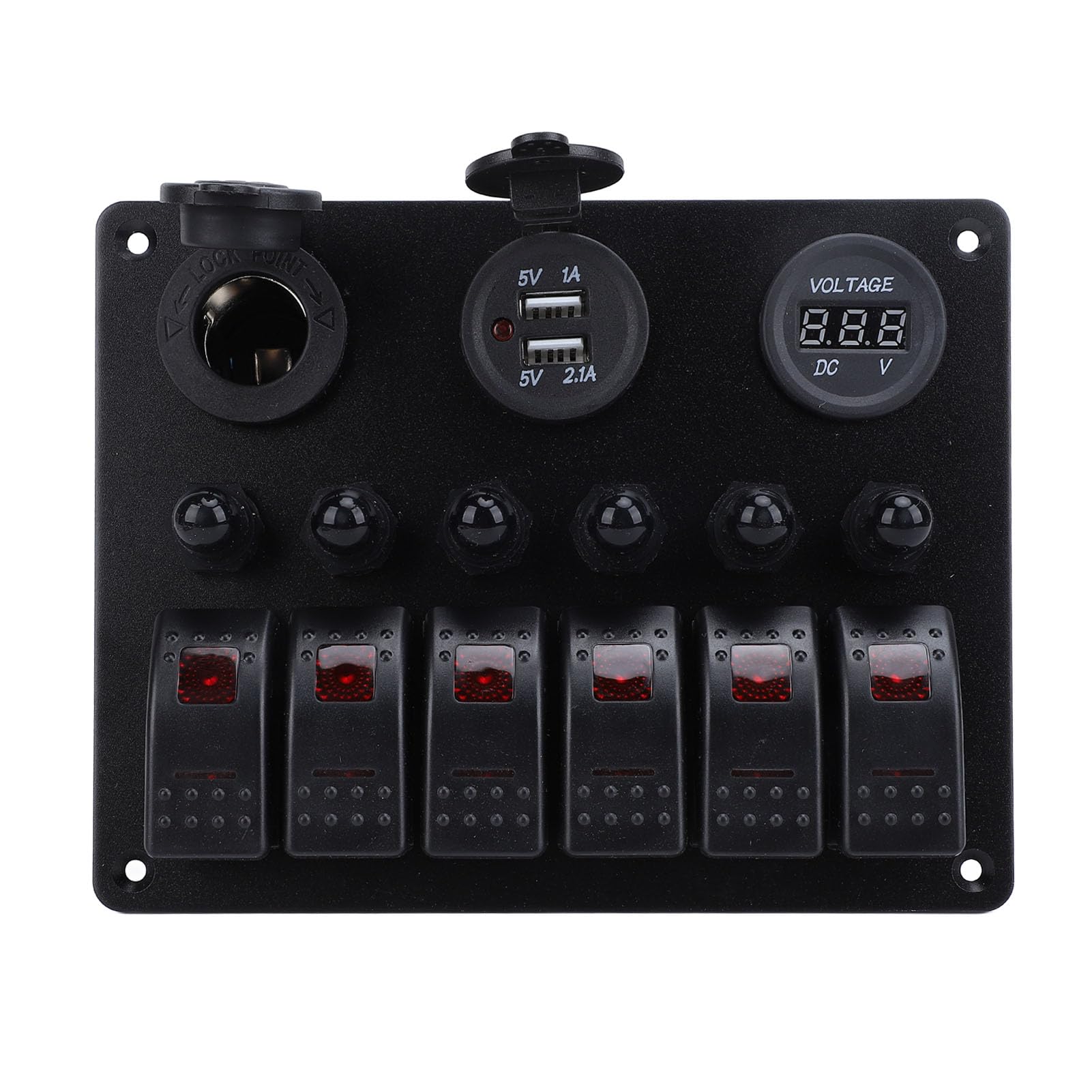 Acouto Panneau d'Interrupteur à Bascule DC 12-24 V 6 Gangs avec Surcharge, Double USB et Voltmètre Numérique pour Bateaux, Camping-cars, Panneau d'Interrupteur à Bascule 6 Gangs Interrupteur à