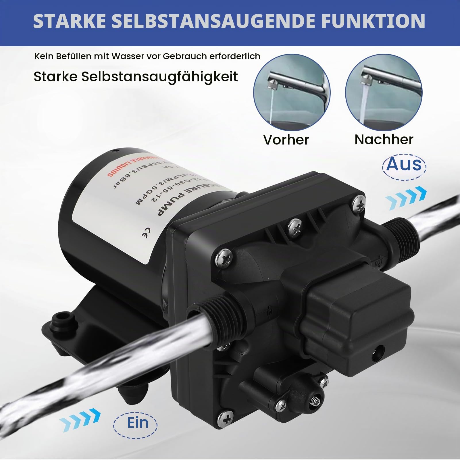 Wasserpumpe 12V für Wohnmobil, Modell 4008-101-E65, Heiß- und Kaltwasserspender, 55 Psi, 3 Gallonen Pro Minute, 7,5 Ampere, Selbstansaugend
