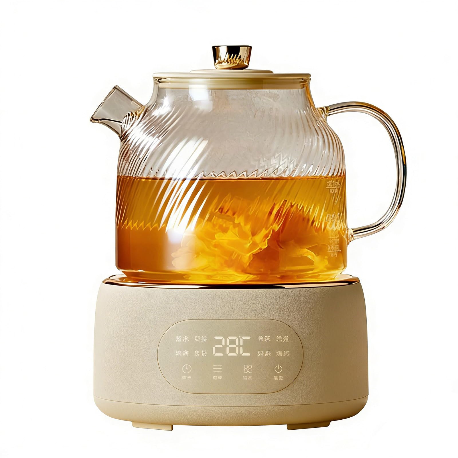 Théière électrique multifonction en verre de 1 L, machine à thé automatique 9 en 1 avec filtre pour l'eau bouillante, le thé aux fleurs et le thé aux fruits