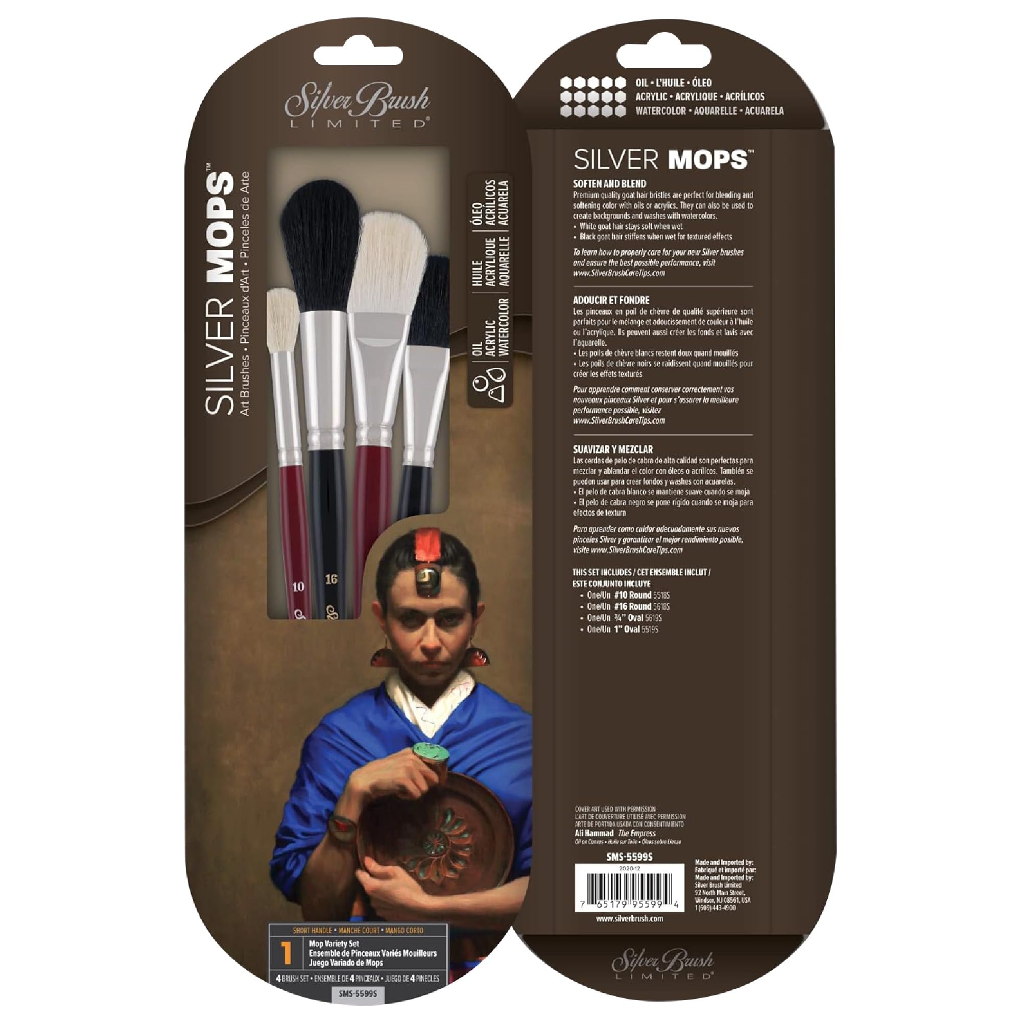 Silver Brush Limited - Assortiment de 4 pinceaux Silver Mop Multimedia pour l'huile, l'acrylique et l'aquarelle - Manche Court