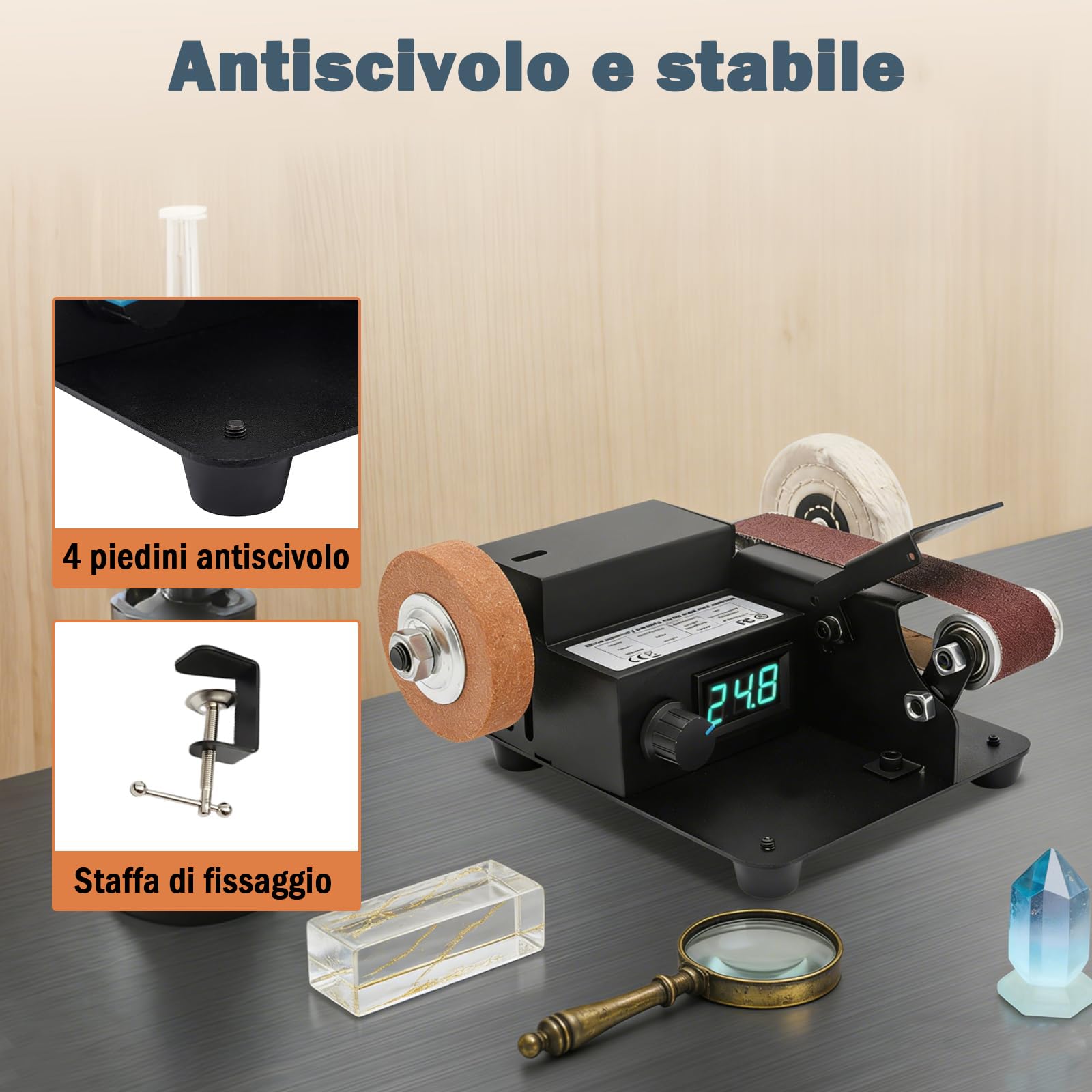 OUKANING Mini Band Sander 350 W Elettrico - Levigatrice a nastro per tavolo da 0-10000 RPM, 7 velocità di regolazione continua della velocità, con 10 nastri abrasivi, disco abrasivo e inserto per