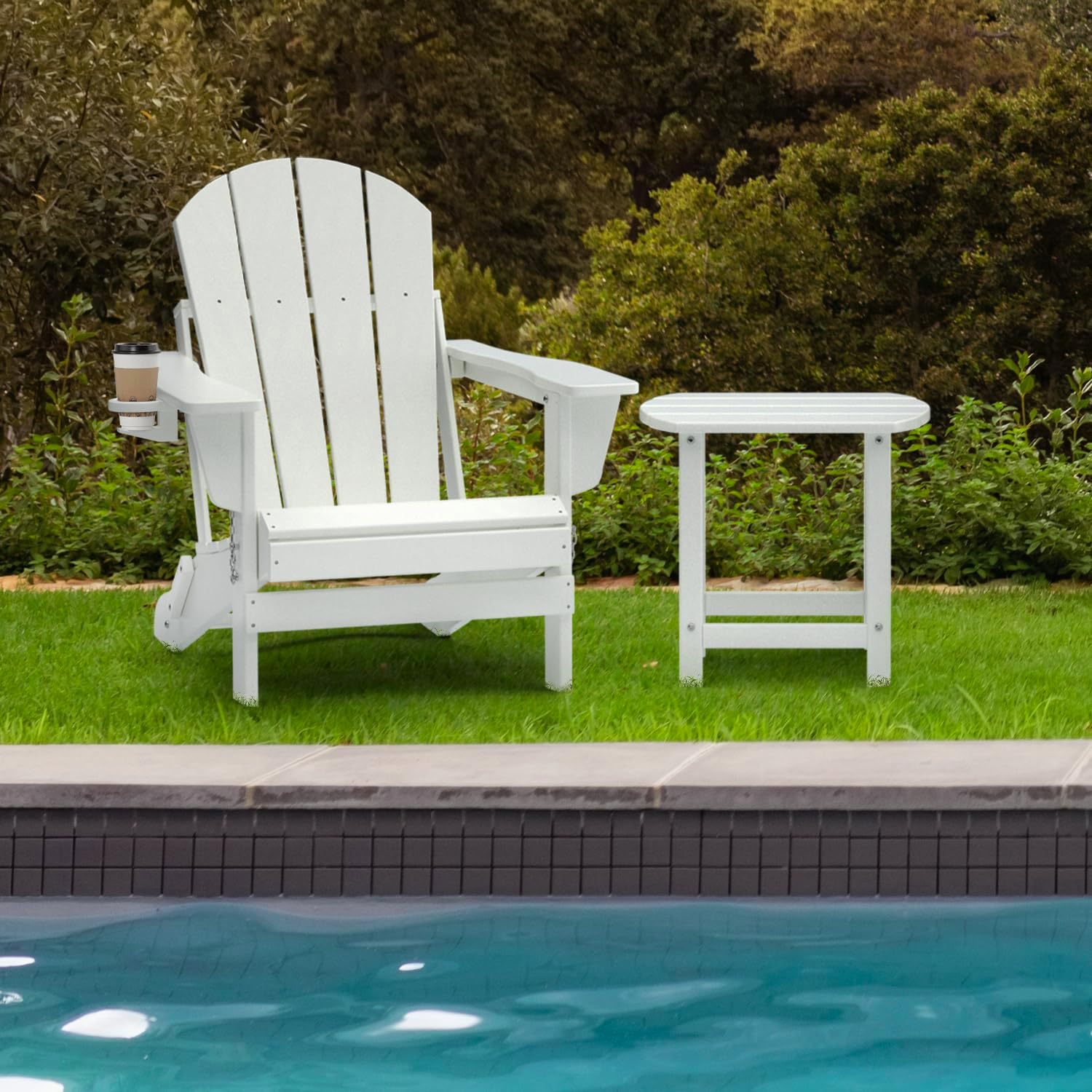 TORVA Folding Adirondack Chair,Fire Pit Chair,Patio Outdoor Chairs All-Weather Proof HDPE Resin for BBQ Beach Deck Garden Lawn Backyard with Cup Holder(White Color)