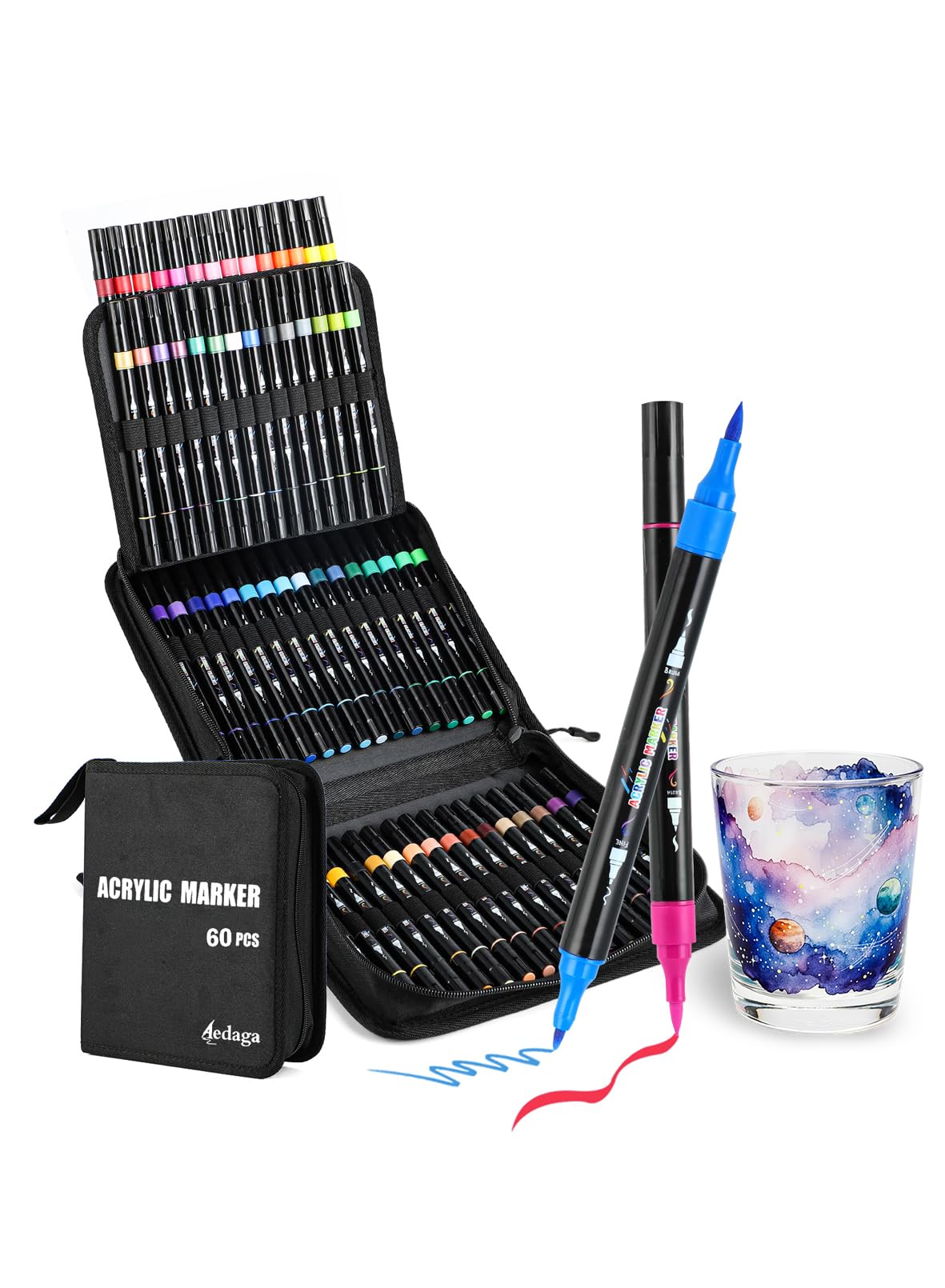 60 Colori Pennarelli Acrilici Doppia Punta Acrylic Marker | Adatto a più superfici | Resistente allo sbiadimento | Alta Copertura | Impermeabile | Marker per Ceramica, Metallo, Pietra