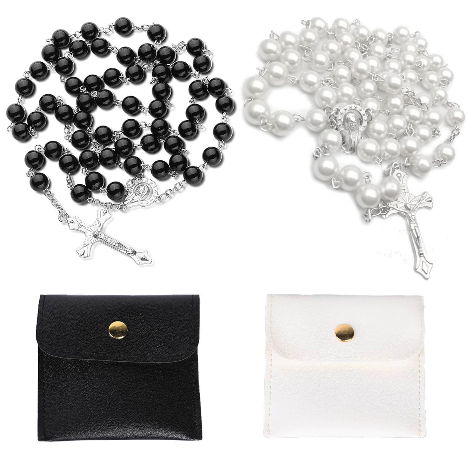 Collana Rosario con Perle e Croce di Gesù in Lega per Donne e Uomini, 2 Pezzi con Sacchetto in PU