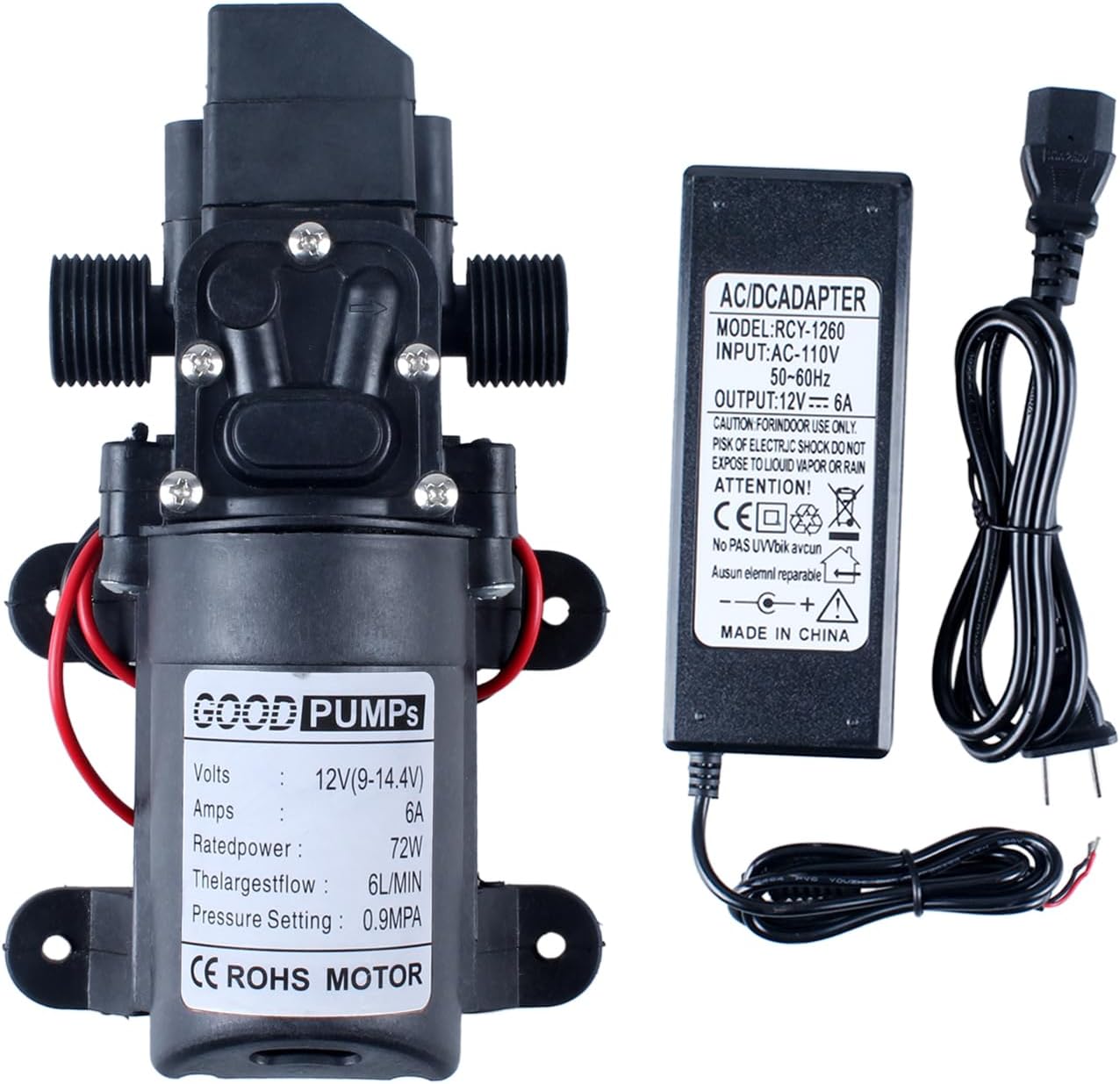 Water Pressure Pump Sprayer Self Priming Pump 12v DC 70W 0.9MPA 130psi Home Booster Connected to 11.5mm/0.45inch 17.3mm/0.68inch Pipe for 4-6L/Min with Power Adapter