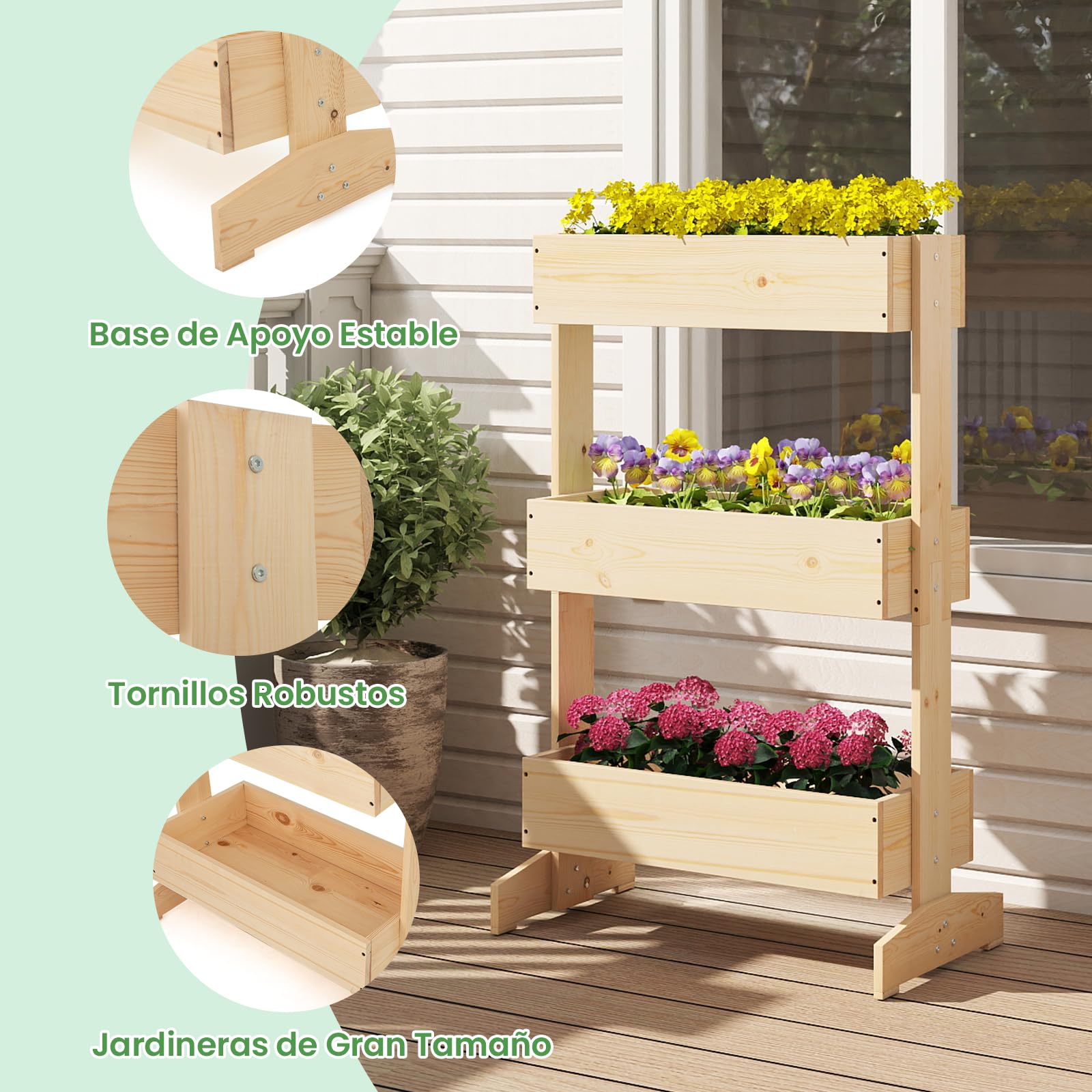 COSTWAY Jardinera Vertical de Madera, Huerto Urbano Terraza de 3 Niveles, Jardinera Flores Plantas Soporte, 69 x 39 x 109 cm, Caja de Plantación para Jardín Balcón, Natural