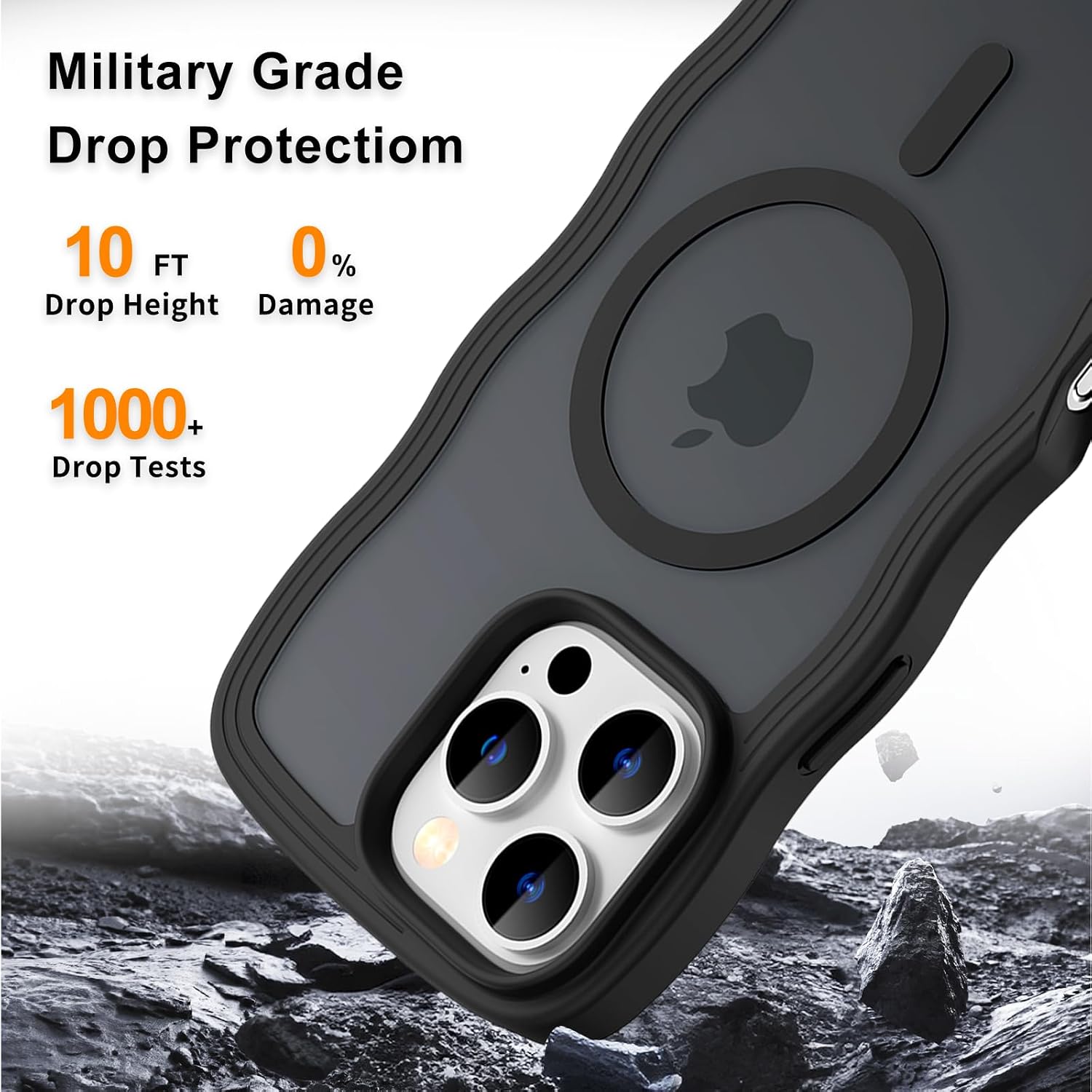 Hualele for iPhone 16 Pro Max Case Cute for Women, Compatible with MagSafe, Military Grade Dropproof Translucent Matte Back Curly Wave Edge Slim Girly Phone Case 16 Pro Max Case, Black